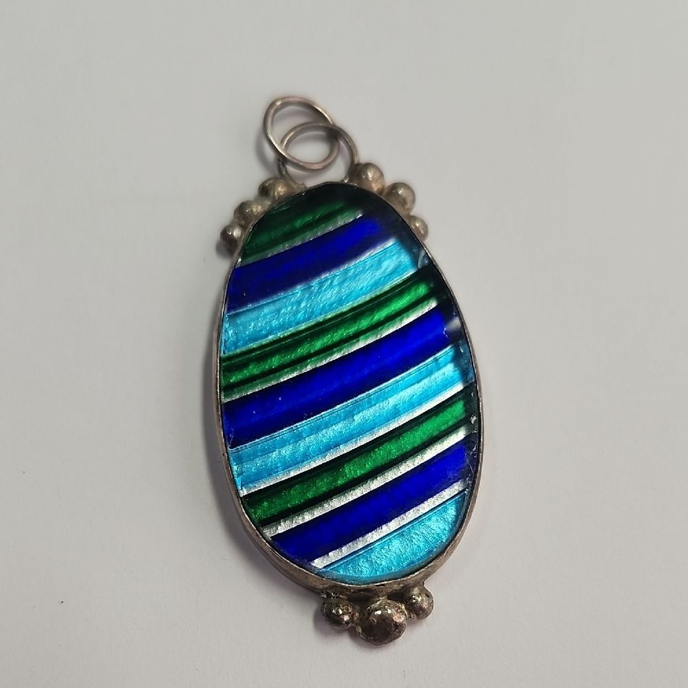 Blue Green Striped Glass Sterling Silver Pendant  925